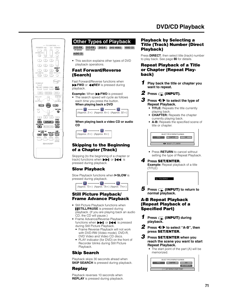 Dvd/cd playback, Other types of playback, Fast forward/reverse (search) | Skipping to the beginning of a chapter (track), Slow playback, Still picture playback/ frame advance playback, Skip search, Replay | Sharp DV-HR300U User Manual | Page 71 / 126