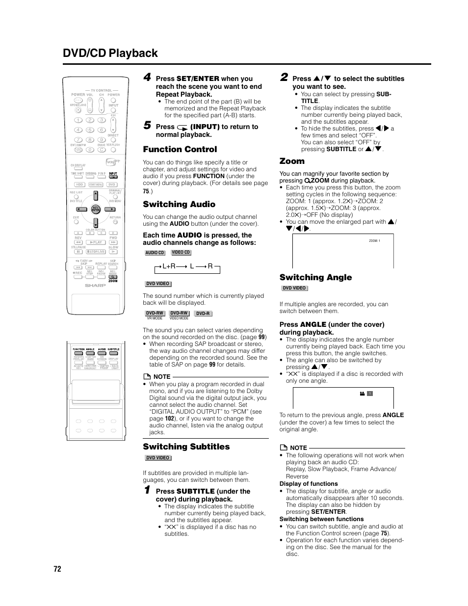 Dvd/cd playback 2, Function control, Switching audio | Switching subtitles, Zoom, Switching angle | Sharp DV-HR300U User Manual | Page 72 / 126