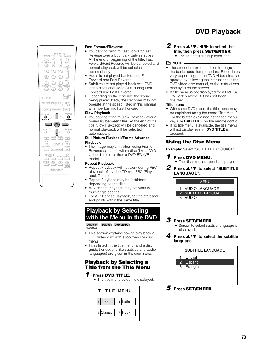 Dvd playback 2, Playback by selecting with the menu in the dvd, Playback by selecting a title from the title menu | Using the disc menu | Sharp DV-HR300U User Manual | Page 73 / 126