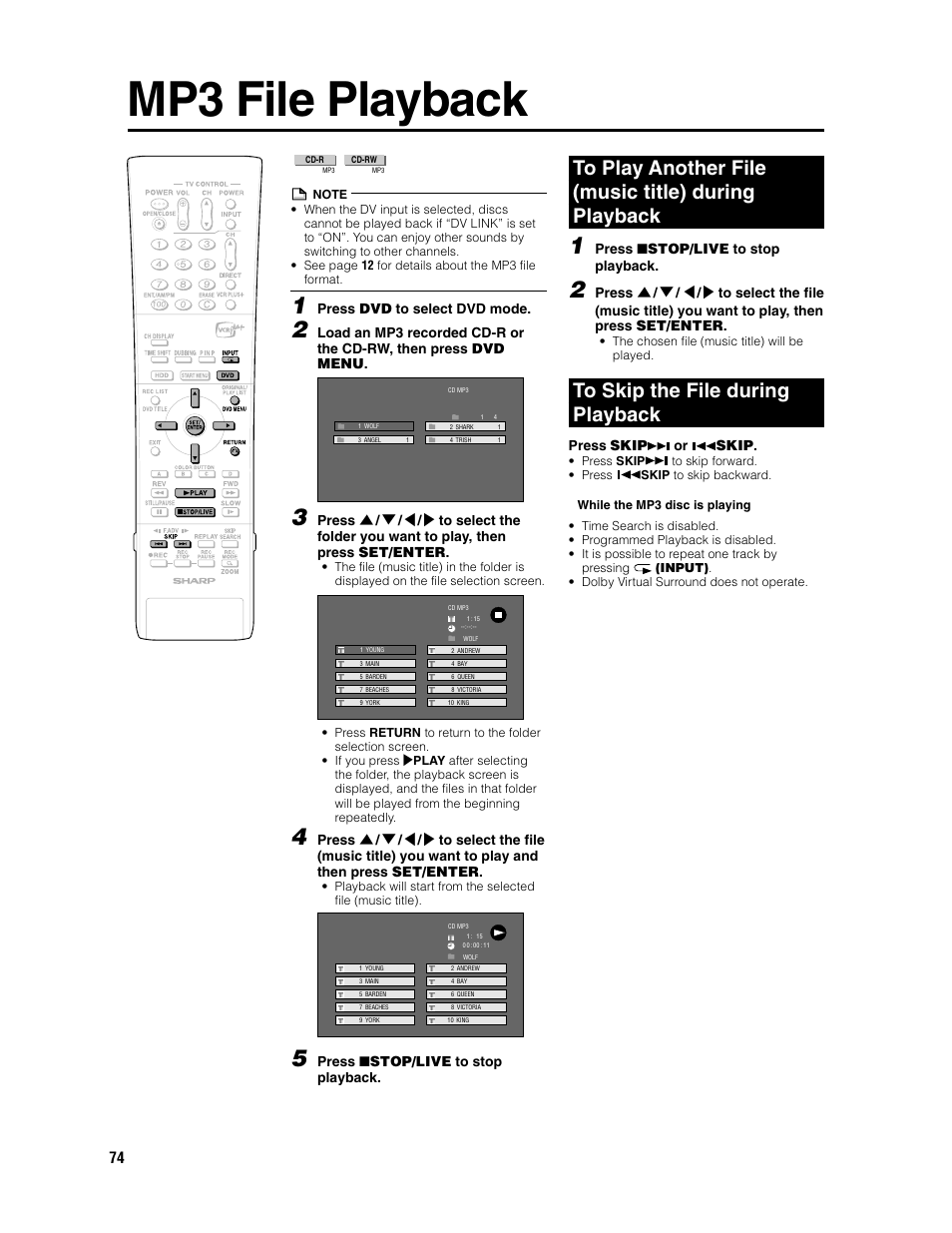 Mp3 file playback | Sharp DV-HR300U User Manual | Page 74 / 126