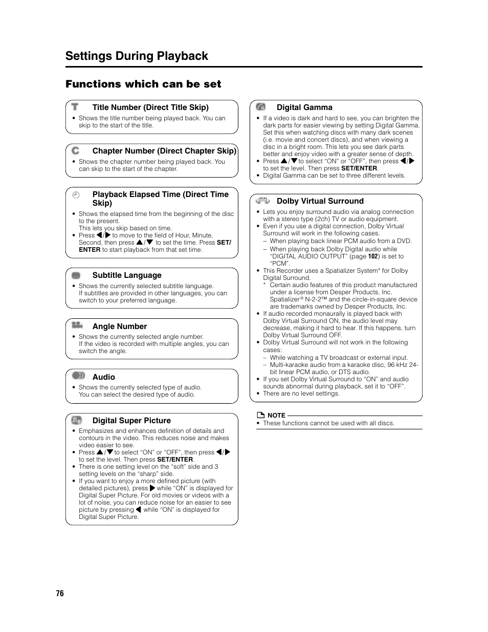 Settings during playback, Functions which can be set | Sharp DV-HR300U User Manual | Page 76 / 126