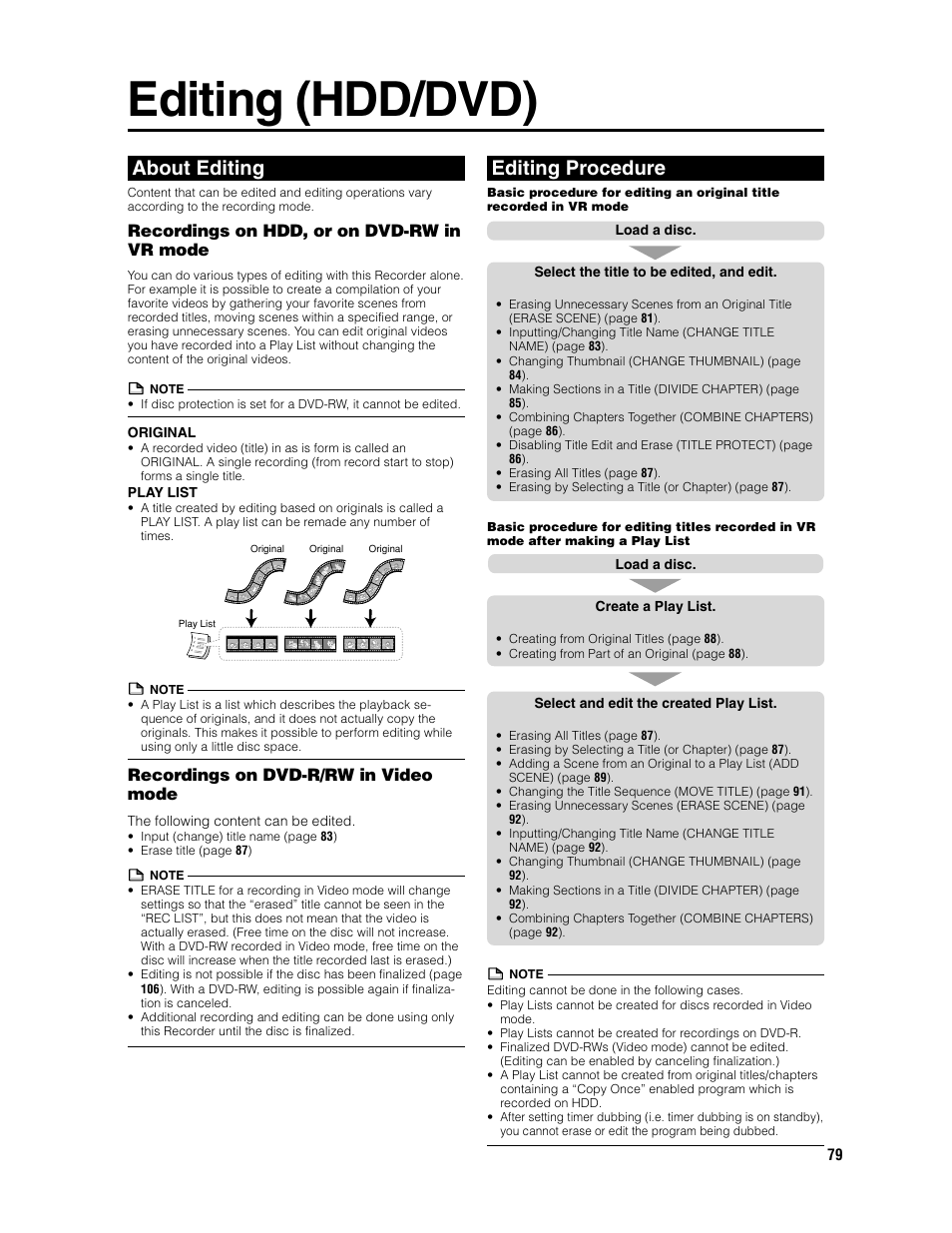 Editing (hdd/dvd), About editing, Editing procedure | Recordings on hdd, or on dvd-rw in vr mode, Recordings on dvd-r/rw in video mode | Sharp DV-HR300U User Manual | Page 79 / 126