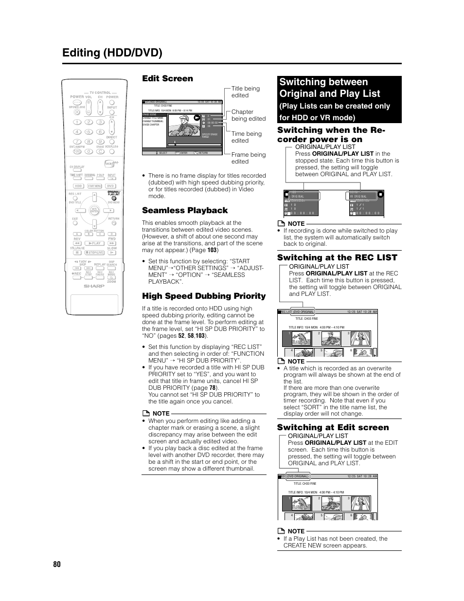 Editing (hdd/dvd), Switching between original and play list, Edit screen | Seamless playback, High speed dubbing priority, Switching when the re- corder power is on, Switching at the rec list switching at edit screen, Play lists can be created only for hdd or vr mode) | Sharp DV-HR300U User Manual | Page 80 / 126