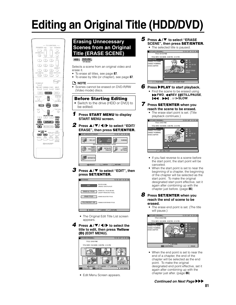 Editing an original title (hdd/dvd), Before starting editing, Switch to the drive (hdd or dvd) to be edited | Press start menu to display start menu screen, Press ' / 