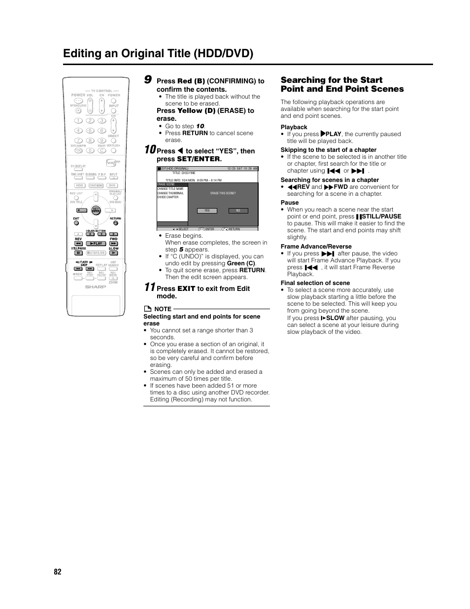 Editing an original title (hdd/dvd), Searching for the start point and end point scenes | Sharp DV-HR300U User Manual | Page 82 / 126