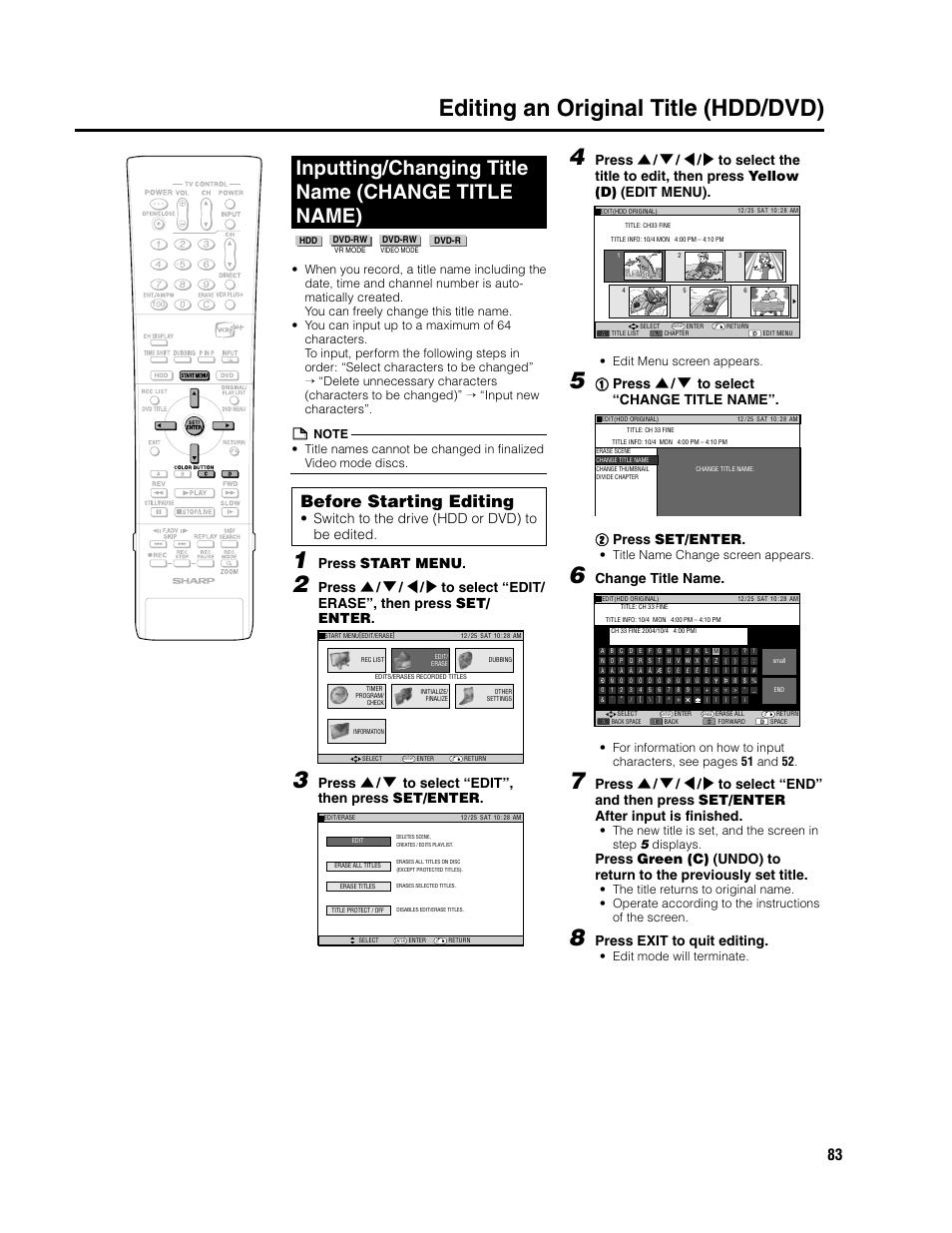 Editing an original title (hdd/dvd), Inputting/changing title name (change title name), Before starting editing | Switch to the drive (hdd or dvd) to be edited, Press start menu, Press ' / 