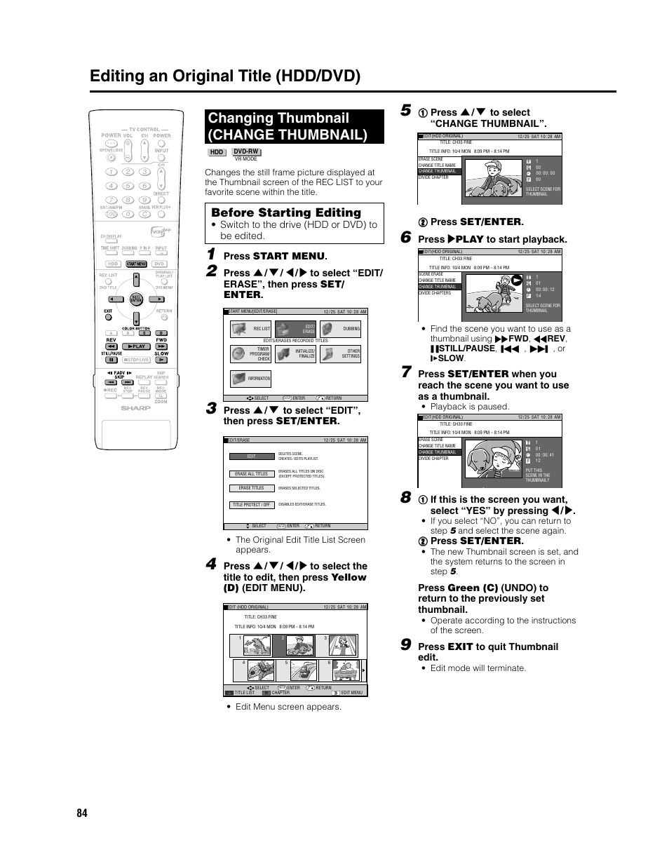 Editing an original title (hdd/dvd), Changing thumbnail (change thumbnail), Before starting editing | Switch to the drive (hdd or dvd) to be edited, Press start menu, Press ' / 