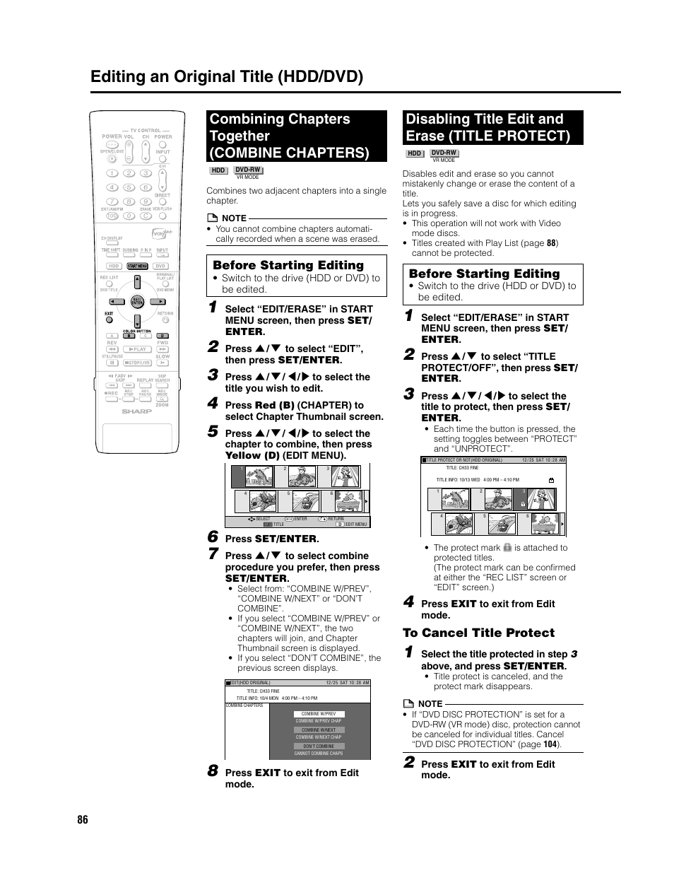 Editing an original title (hdd/dvd), Combining chapters together (combine chapters), Disabling title edit and erase (title protect) | Before starting editing | Sharp DV-HR300U User Manual | Page 86 / 126