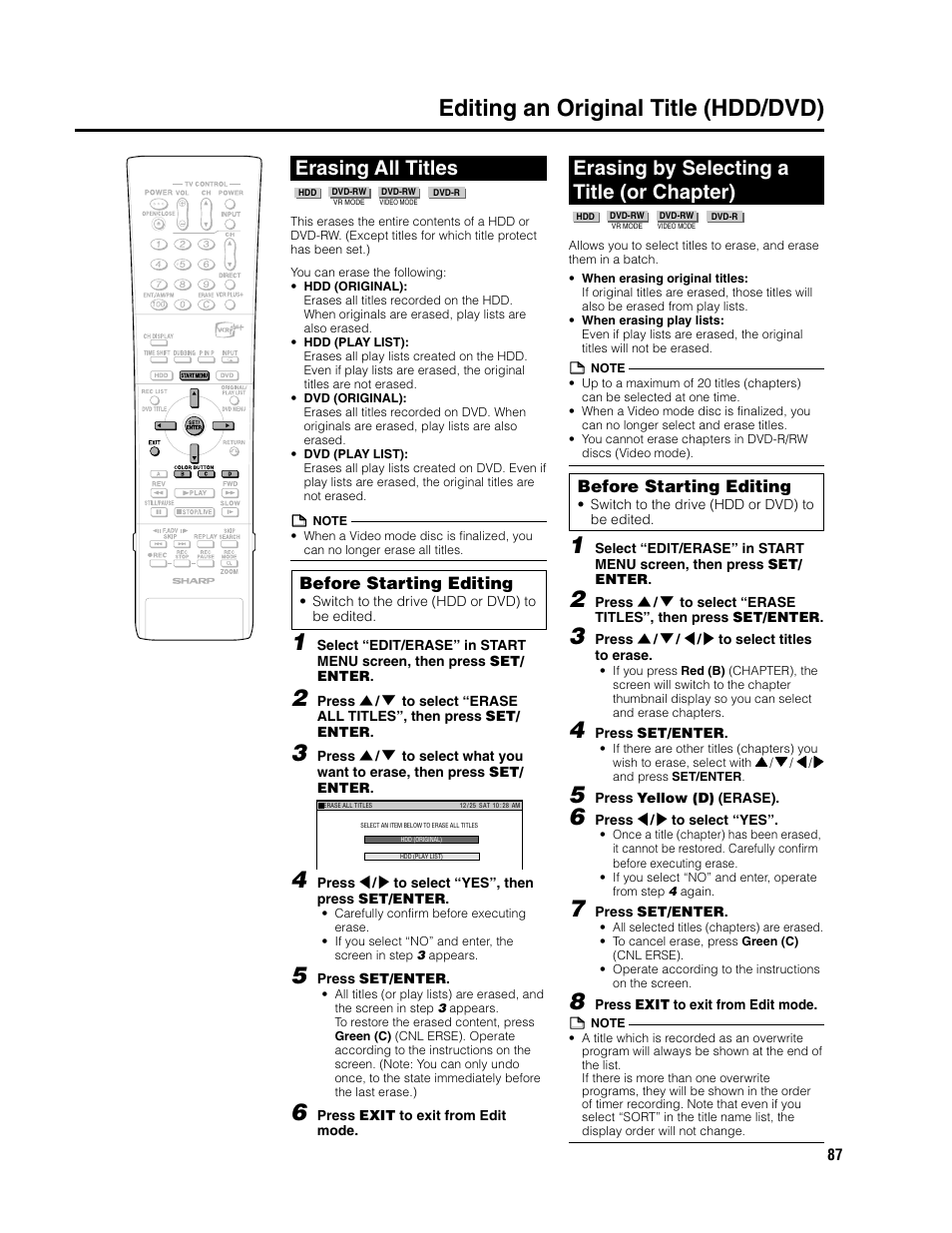 Editing an original title (hdd/dvd), Erasing all titles, Erasing by selecting a title (or chapter) | Before starting editing | Sharp DV-HR300U User Manual | Page 87 / 126