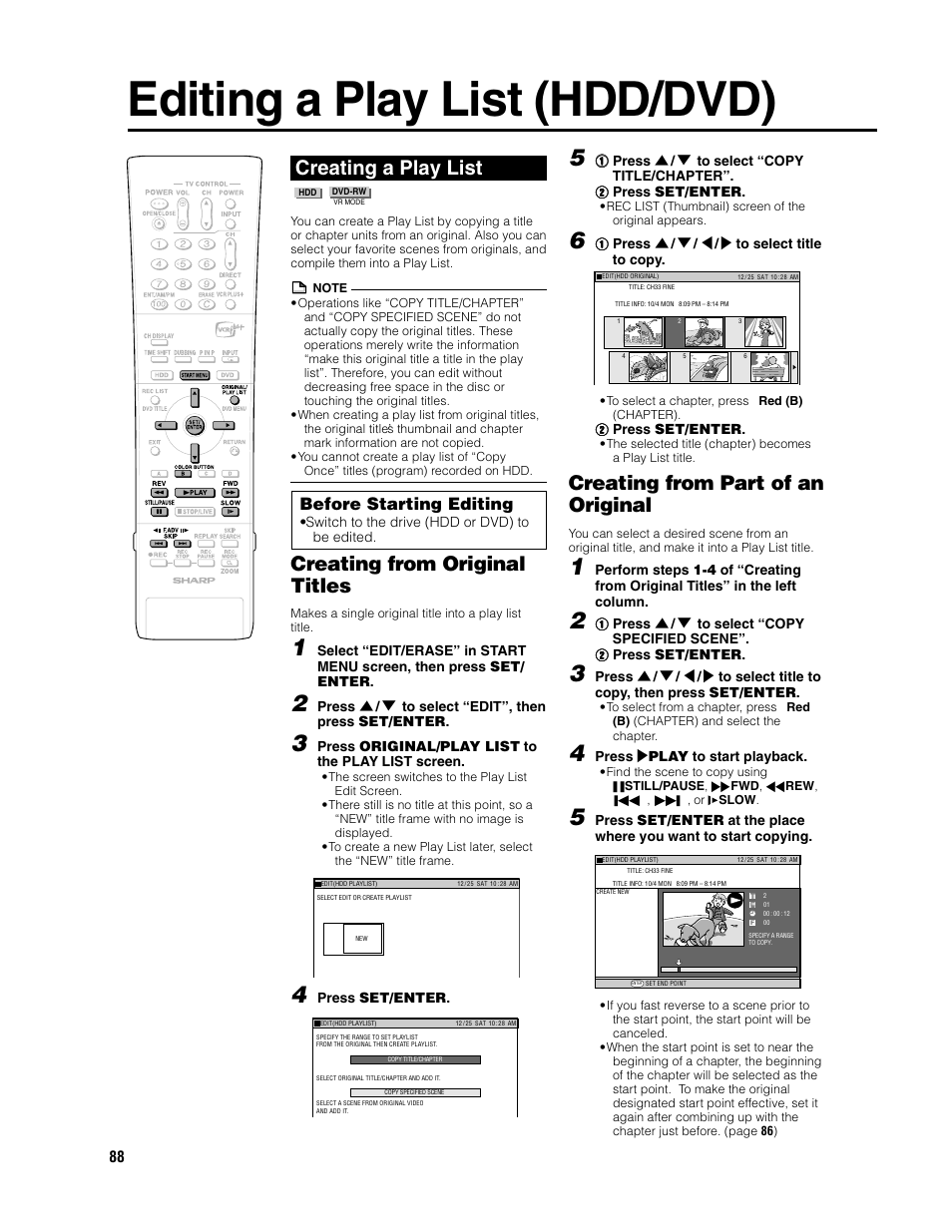 Editing a play list (hdd/dvd), Creating a play list, Creating from original titles | Creating from part of an original, Before starting editing | Sharp DV-HR300U User Manual | Page 88 / 126