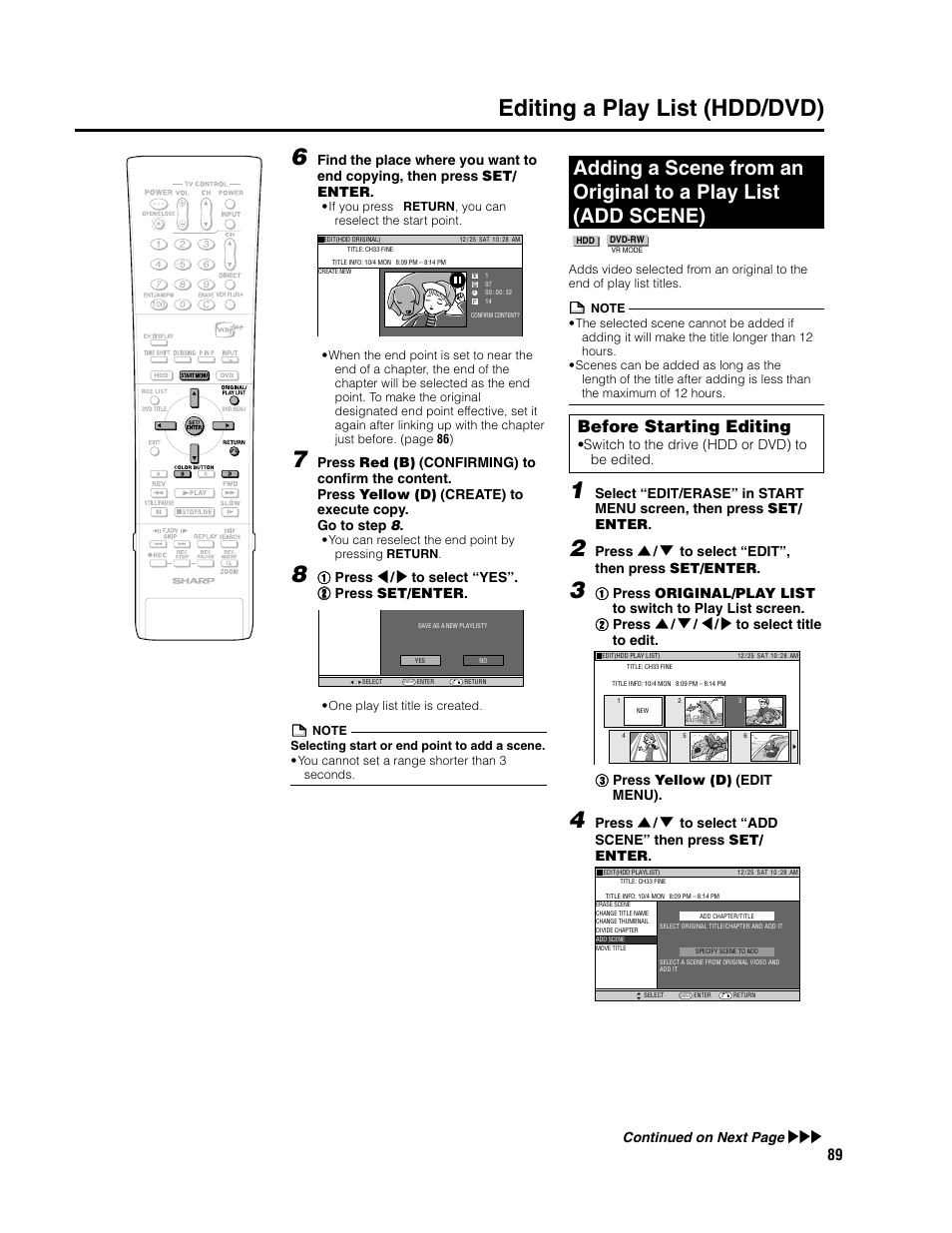 Editing a play list (hdd/dvd), Before starting editing, Switch to the drive (hdd or dvd) to be edited | Press ' / 