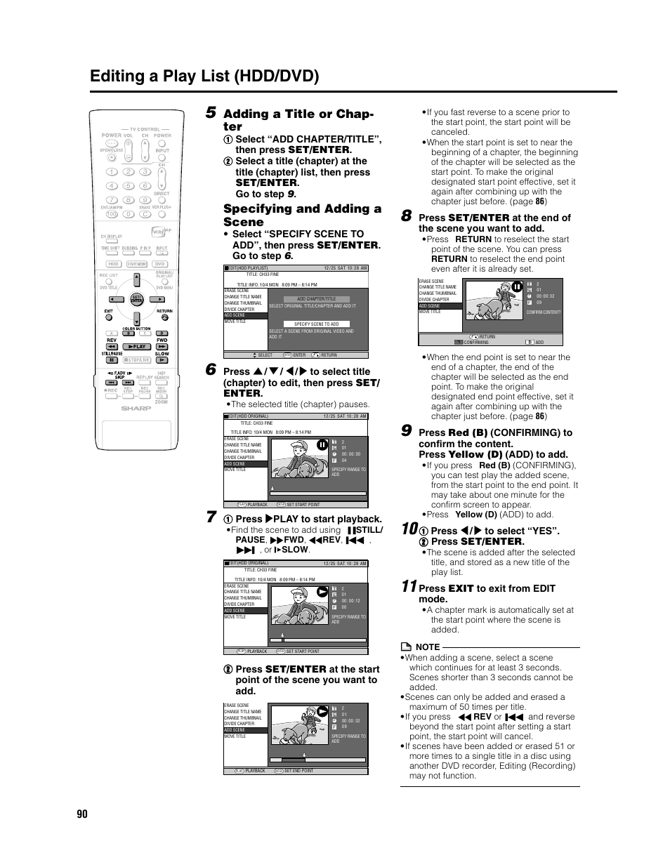 Editing a play list (hdd/dvd) 5, Adding a title or chap- ter, Specifying and adding a scene | 11 press | play to start playback, Press exit to exit from edit mode | Sharp DV-HR300U User Manual | Page 90 / 126