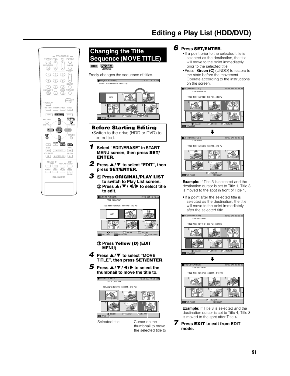 Editing a play list (hdd/dvd), Changing the title sequence (move title), Before starting editing | Switch to the drive (hdd or dvd) to be edited, Press ' / 