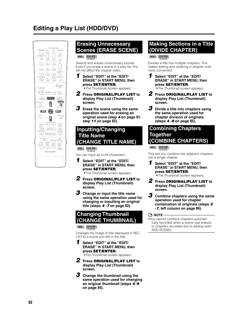 Editing a play list (hdd/dvd), Erasing unnecessary scenes (erase scene), Inputting/changing title name (change title name) | Changing thumbnail (change thumbnail), Combining chapters together (combine chapters) | Sharp DV-HR300U User Manual | Page 92 / 126