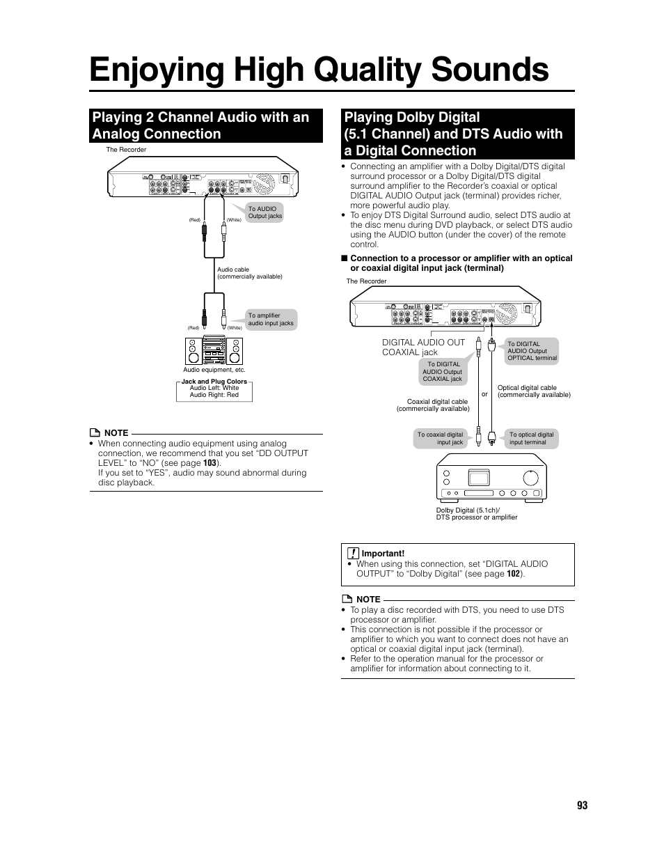 Enjoying high quality sounds, Playing 2 channel audio with an analog connection | Sharp DV-HR300U User Manual | Page 93 / 126