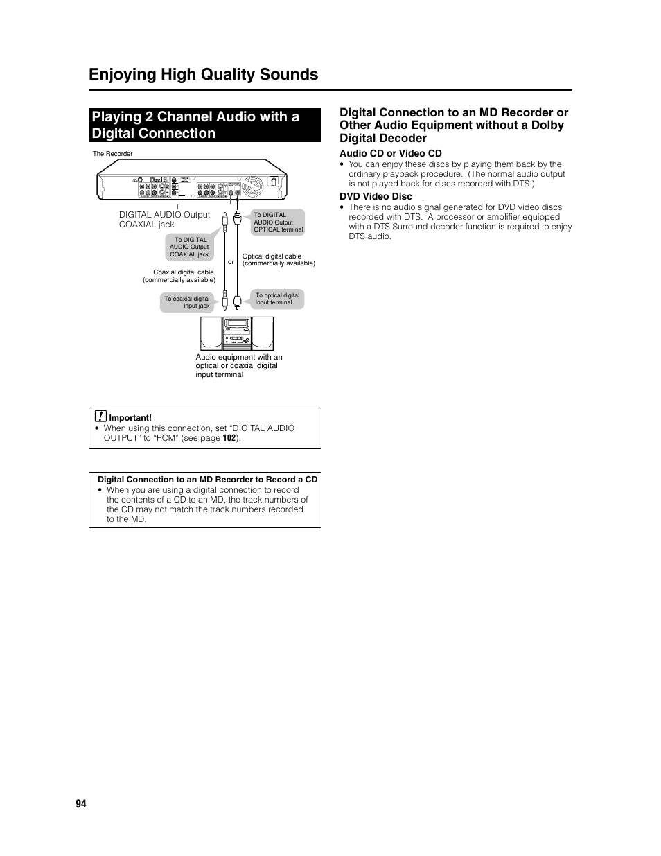 Enjoying high quality sounds, Playing 2 channel audio with a digital connection | Sharp DV-HR300U User Manual | Page 94 / 126