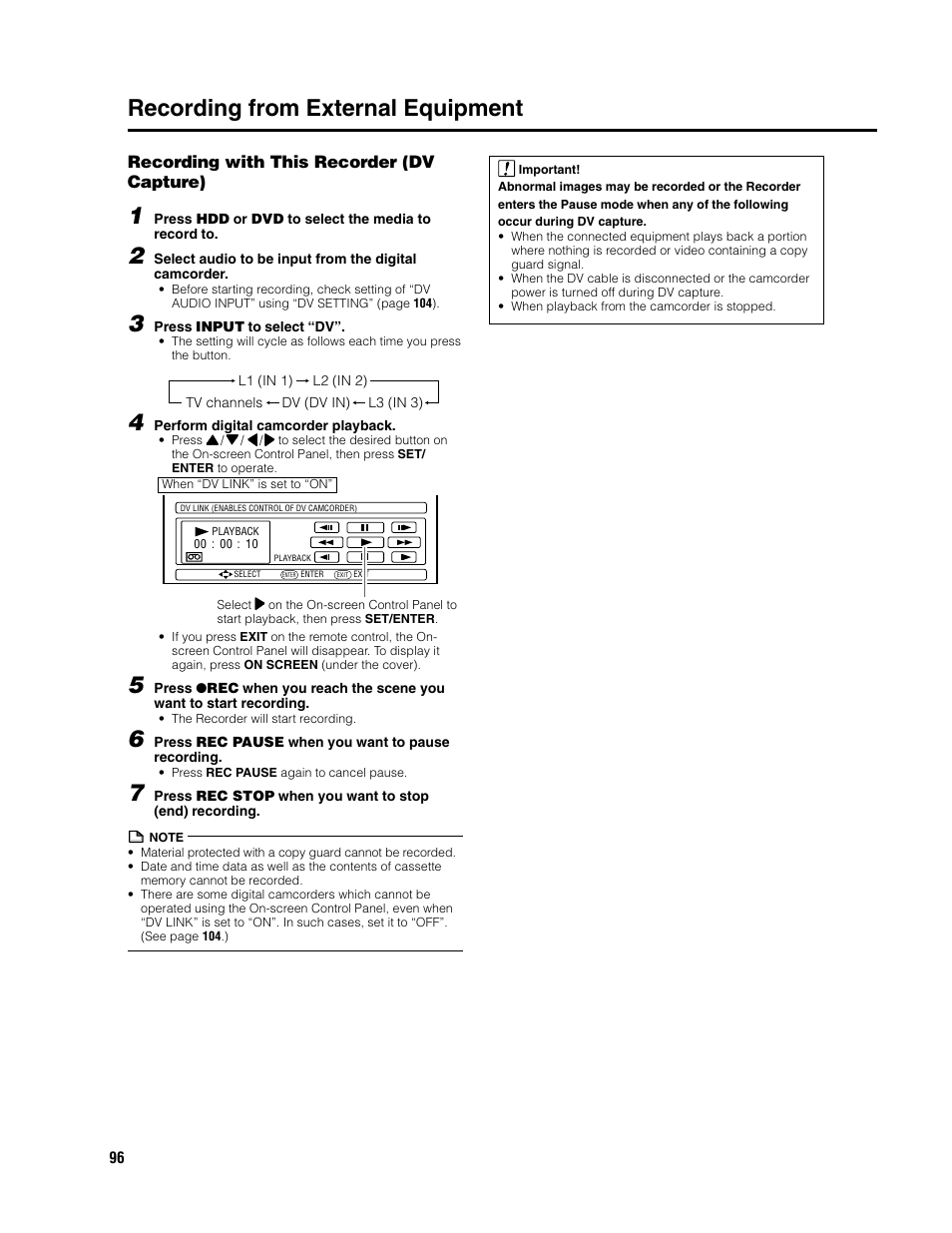 Recording from external equipment, Recording with this recorder (dv capture) | Sharp DV-HR300U User Manual | Page 96 / 126