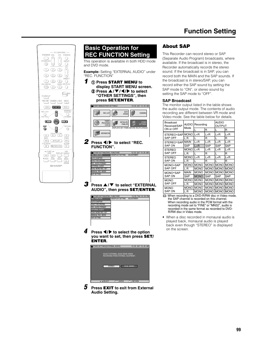 Function setting, Basic operation for rec function setting, About sap | Press \ / | to select “rec. function, Press exit to exit from external audio setting, Sap broadcast | Sharp DV-HR300U User Manual | Page 99 / 126