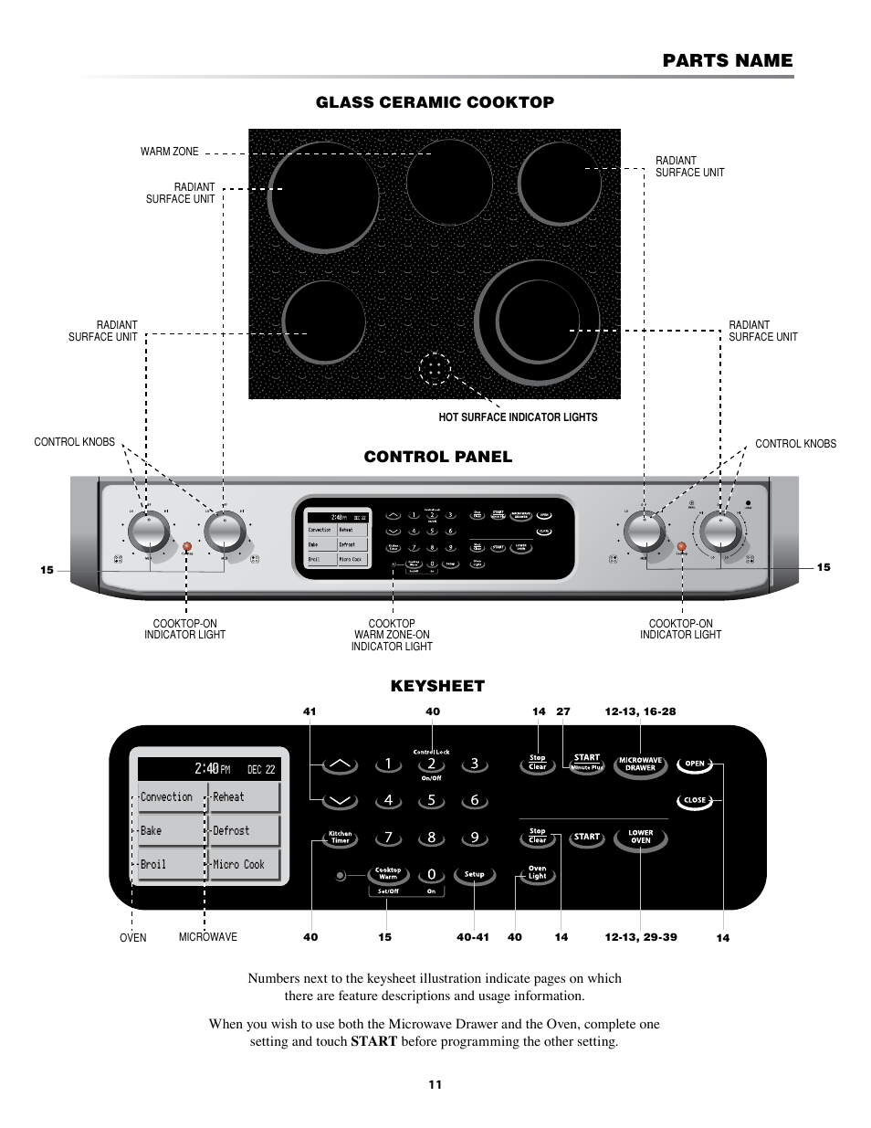 Parts name, Glass ceramic cooktop, Control panel | Keysheet | Sharp KB-3425L User Manual | Page 11 / 48