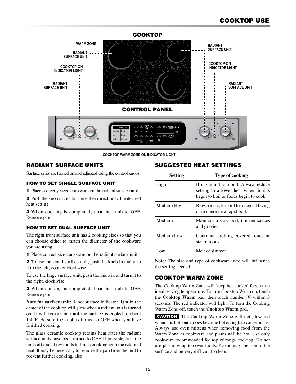 Cooktop use | Sharp KB-3425L User Manual | Page 15 / 48