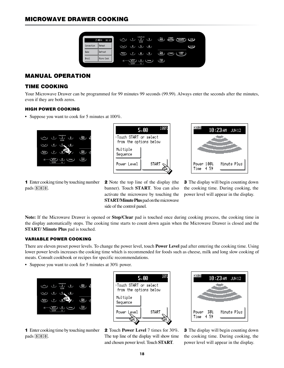 Microwave drawer cooking, Manual operation, Time cooking | Sharp KB-3425L User Manual | Page 18 / 48
