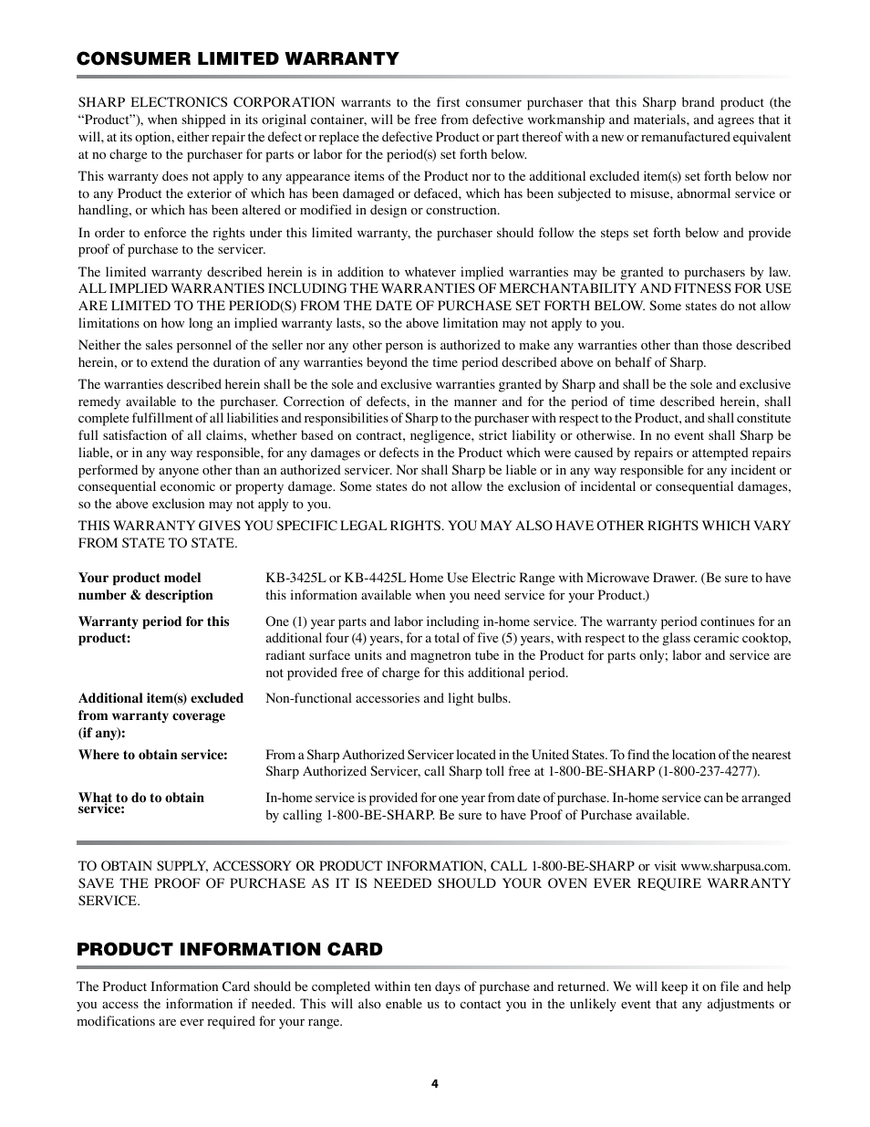 Consumer limited warranty, Product information card | Sharp KB-3425L User Manual | Page 4 / 48