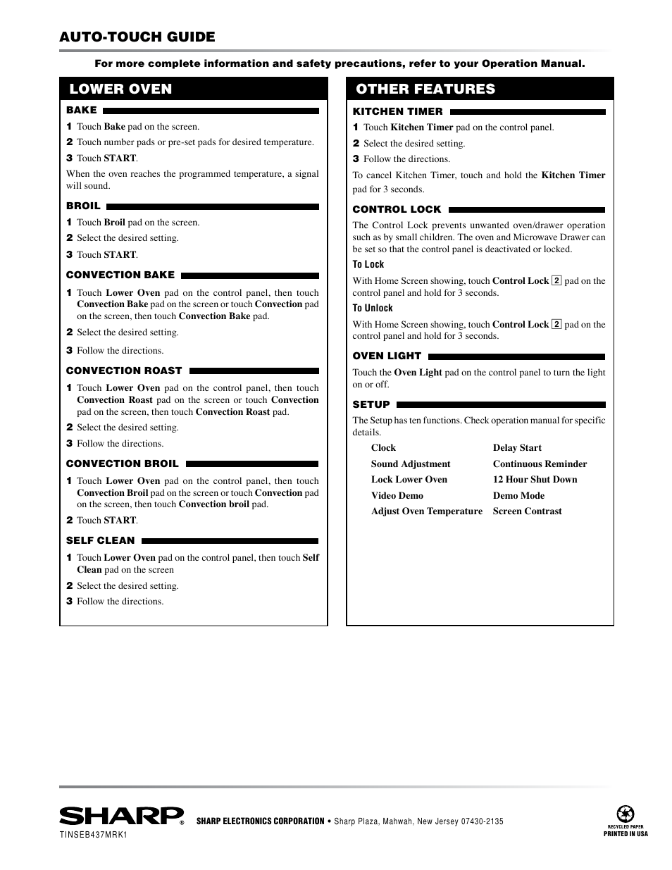 Auto-touch guide lower oven, Other features | Sharp KB-3425L User Manual | Page 48 / 48