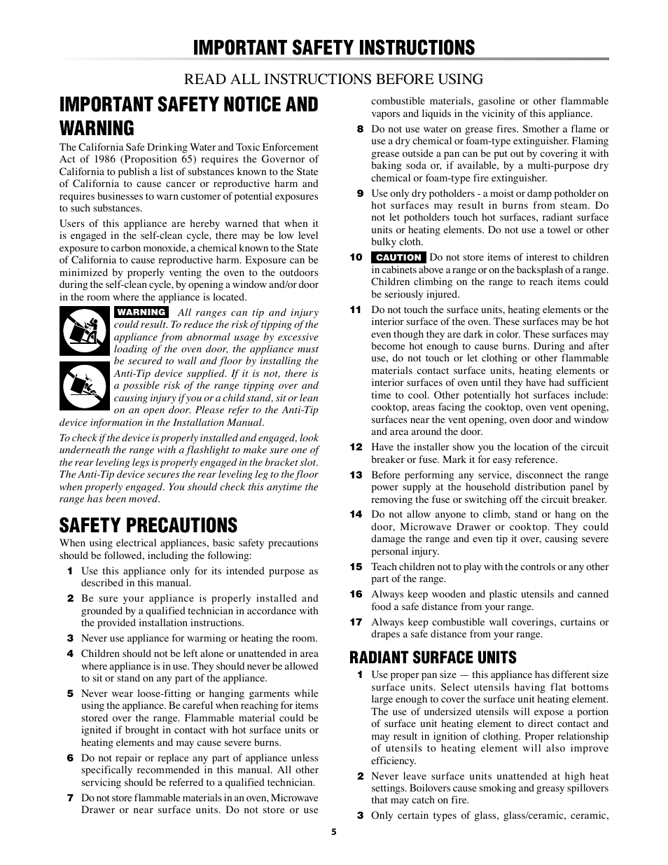 Important.safety.instructions, Important.safety.notice.and. warning, Safety.precautions | Radiant.surface.units, Read all instructions before using | Sharp KB-3425L User Manual | Page 5 / 48
