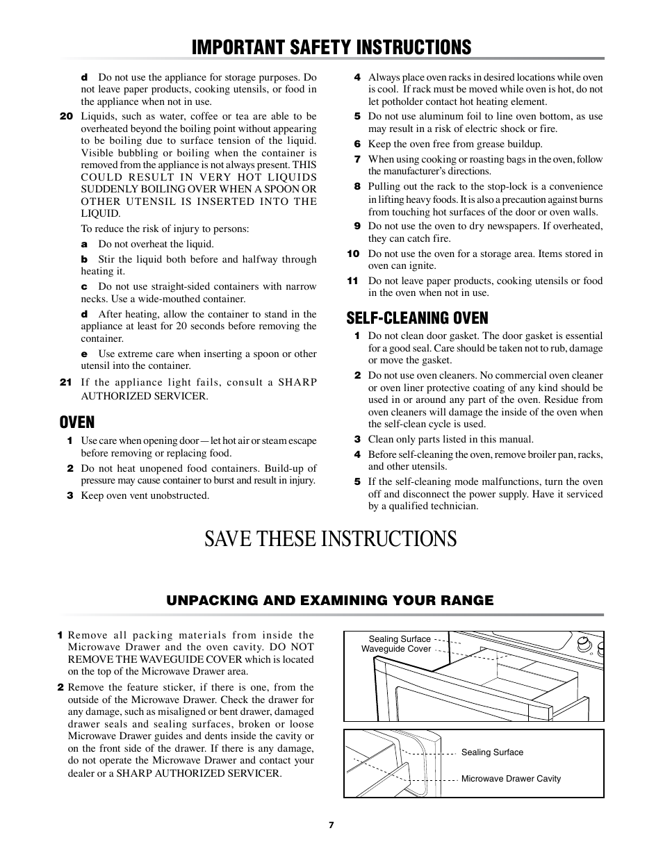 Save these instructions, Important.safety.instructions, Oven | Self-cleaning.oven, Unpacking and examining your range | Sharp KB-3425L User Manual | Page 7 / 48