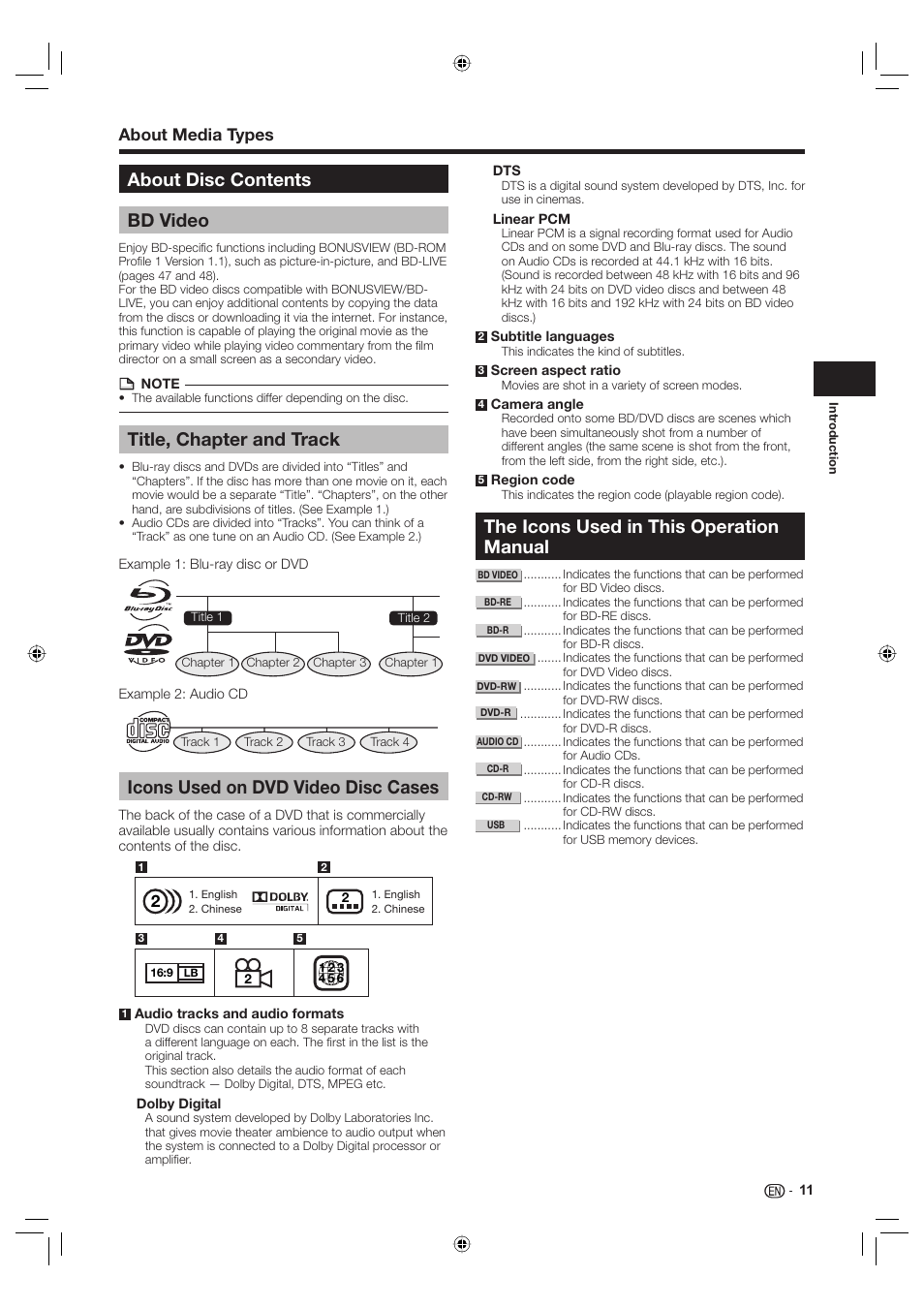 About disc contents, Bd video, Title, chapter and track | Icons used on dvd video disc cases, The icons used in this operation manual, About disc contents bd video, About media types | Sharp Aquos TINS-E595WJQZ User Manual | Page 13 / 95