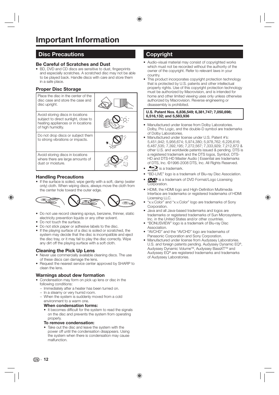 Important information, Disc precautions, Copyright | Be careful of scratches and dust, Proper disc storage, Handling precautions, Cleaning the pick up lens, Warnings about dew formation | Sharp Aquos TINS-E595WJQZ User Manual | Page 14 / 95