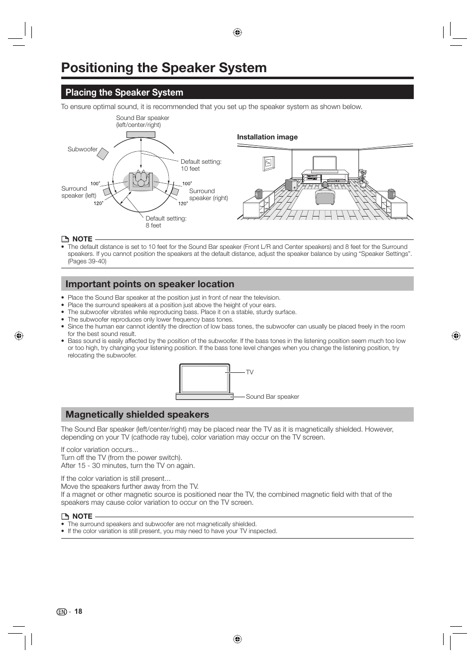 Connection and setup, Positioning the speaker system, Placing the speaker system | Important points on speaker location, Magnetically shielded speakers | Sharp Aquos TINS-E595WJQZ User Manual | Page 20 / 95