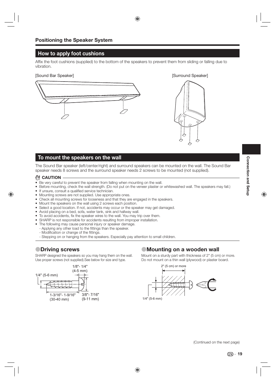 How to apply foot cushions, To mount the speakers on the wall, Driving screws | Mounting on a wooden wall | Sharp Aquos TINS-E595WJQZ User Manual | Page 21 / 95