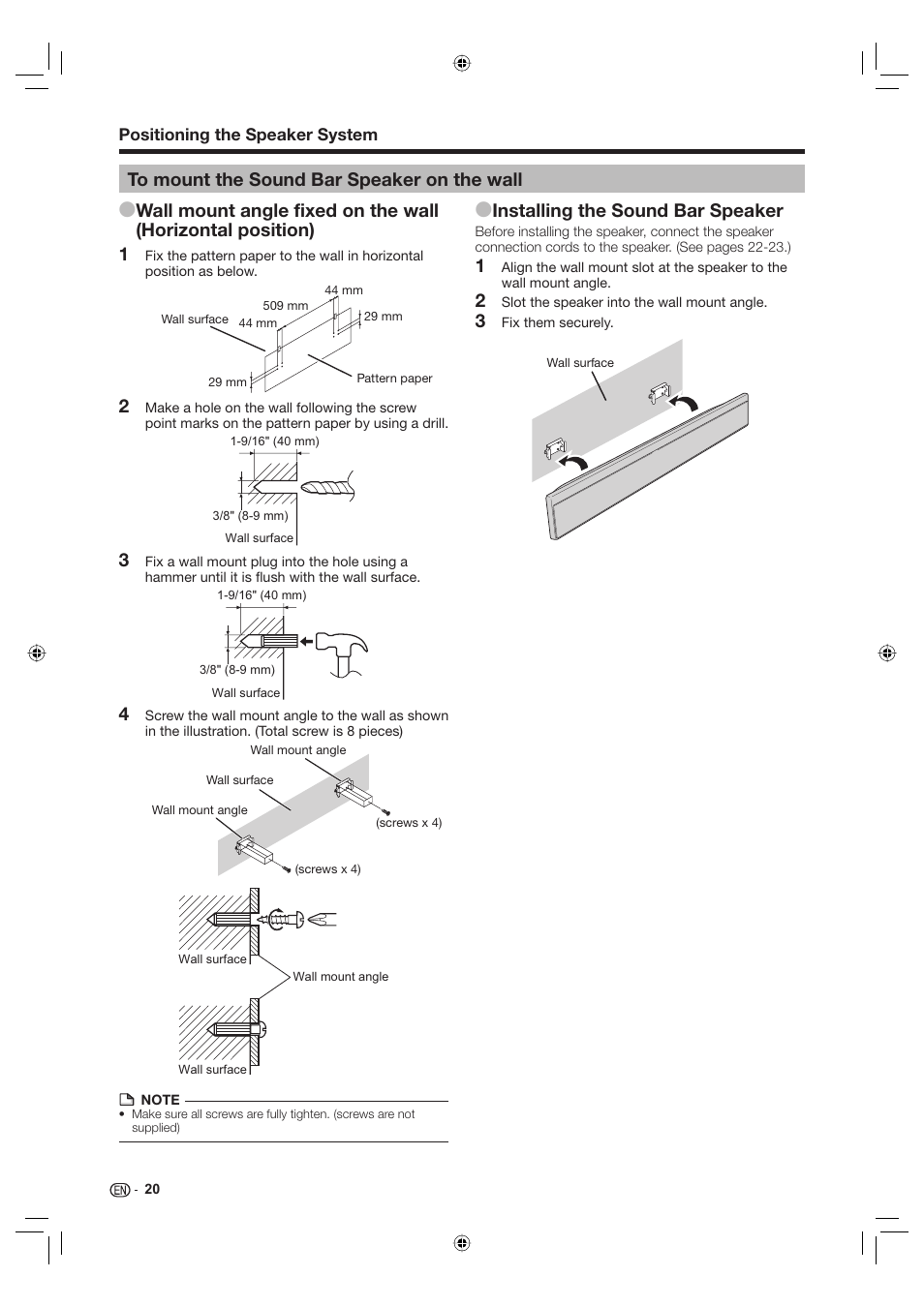 To mount the sound bar speaker on the wall, Installing the sound bar speaker | Sharp Aquos TINS-E595WJQZ User Manual | Page 22 / 95