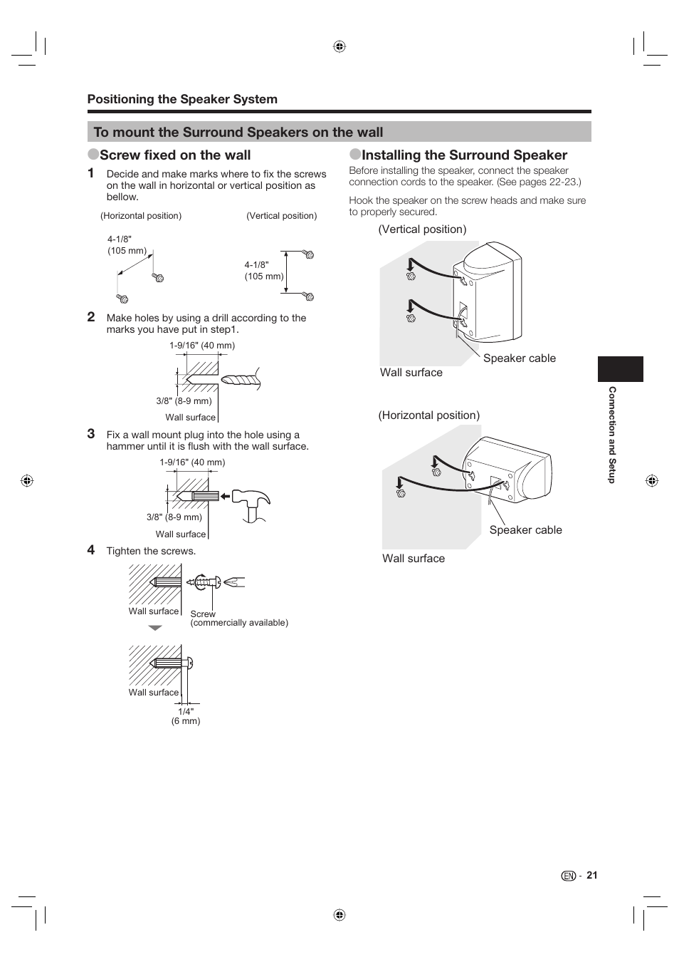 To mount the surround speakers on the wall, Screw fixed on the wall, Installing the surround speaker | Sharp Aquos TINS-E595WJQZ User Manual | Page 23 / 95