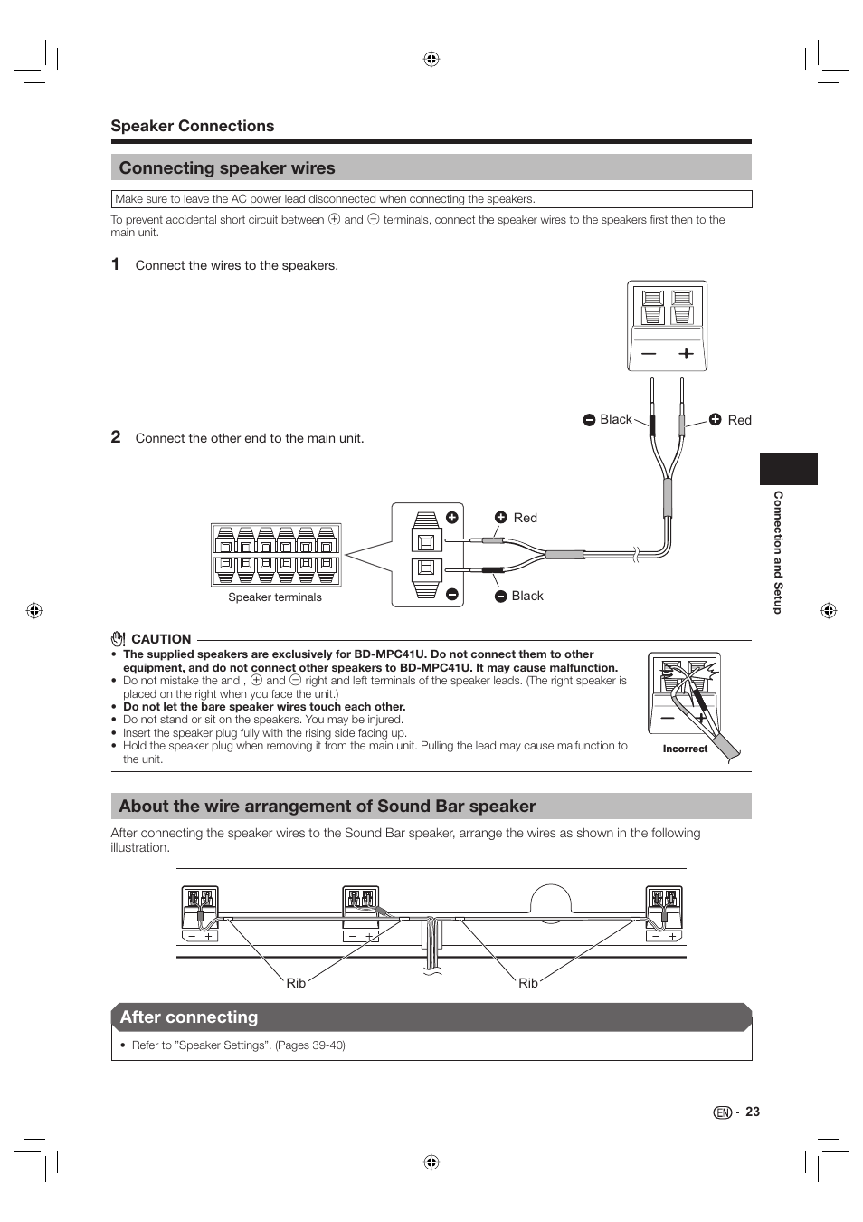 Connecting speaker wires, About the wire arrangement of sound bar speaker, After connecting | Sharp Aquos TINS-E595WJQZ User Manual | Page 25 / 95