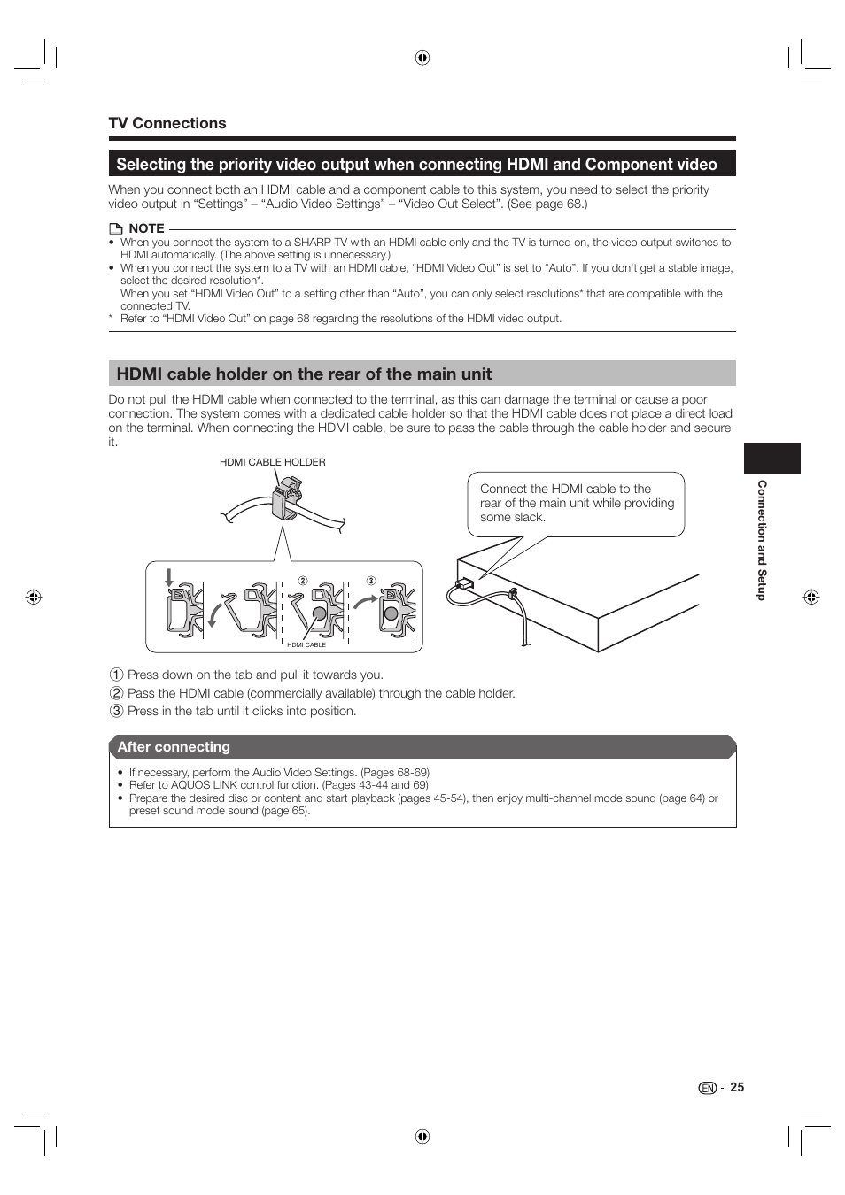 Hdmi cable holder on the rear of the main unit, Tv connections | Sharp Aquos TINS-E595WJQZ User Manual | Page 27 / 95