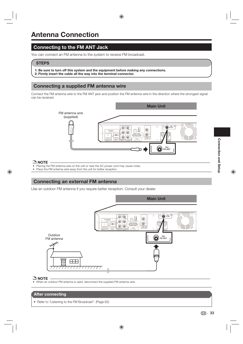 Antenna connection, Connecting to the fm ant jack, Connecting a supplied fm antenna wire | Connecting an external fm antenna | Sharp Aquos TINS-E595WJQZ User Manual | Page 35 / 95