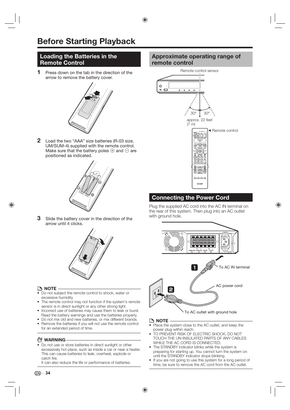 Preparations and basic operations, Before starting playback, Loading the batteries in the remote control | Approximate operating range of remote control, Connecting the power cord, 12 3 approximate operating range of remote control | Sharp Aquos TINS-E595WJQZ User Manual | Page 36 / 95