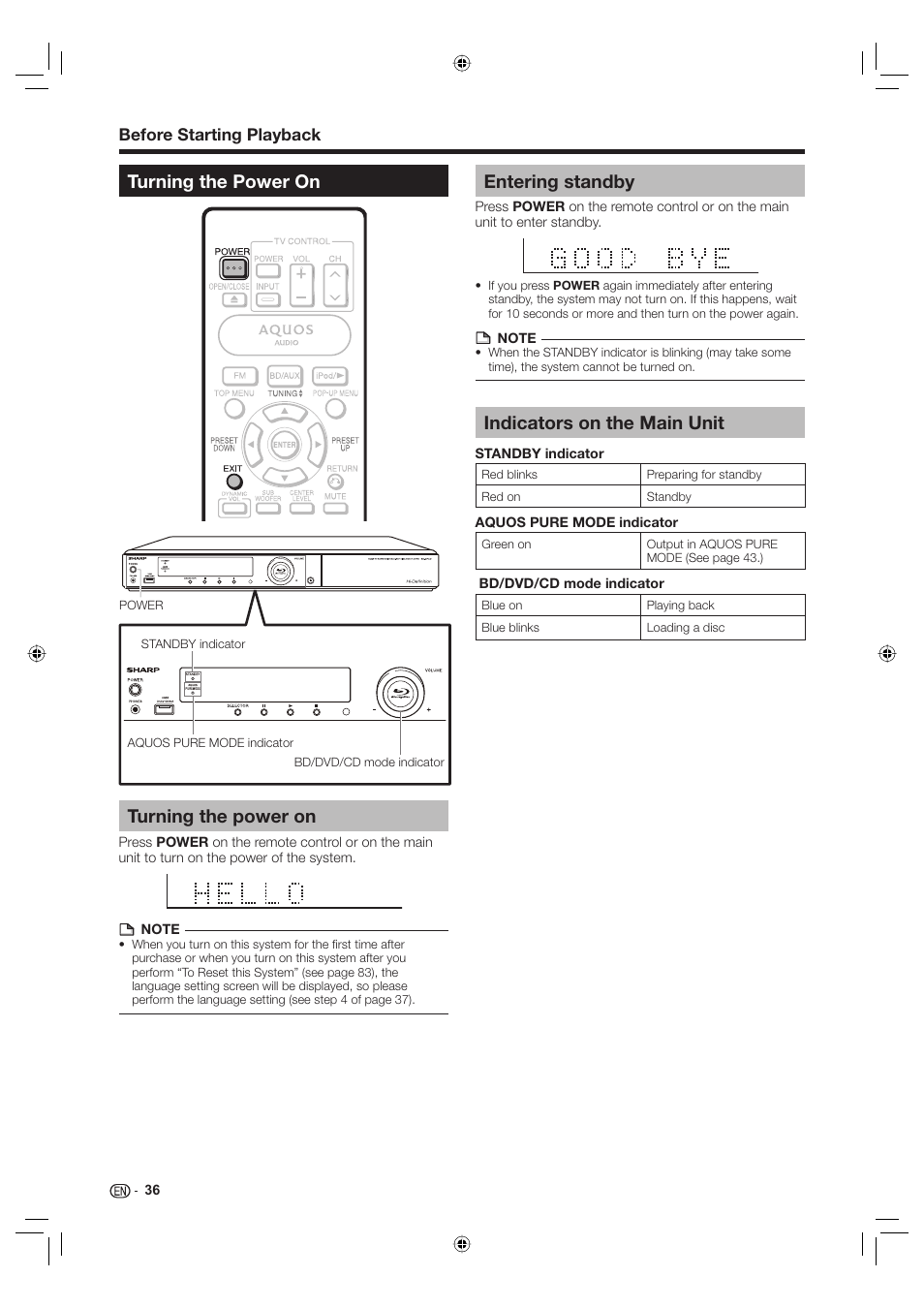 Turning the power on, Entering standby, Indicators on the main unit | Before starting playback | Sharp Aquos TINS-E595WJQZ User Manual | Page 38 / 95