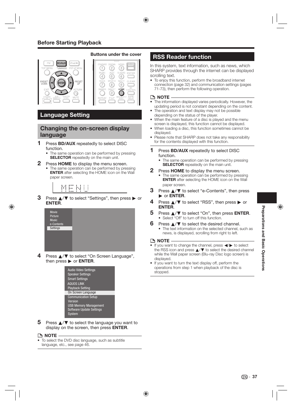 Language setting, Changing the on-screen display language, Rss reader function | 34 5 rss reader function, Before starting playback | Sharp Aquos TINS-E595WJQZ User Manual | Page 39 / 95