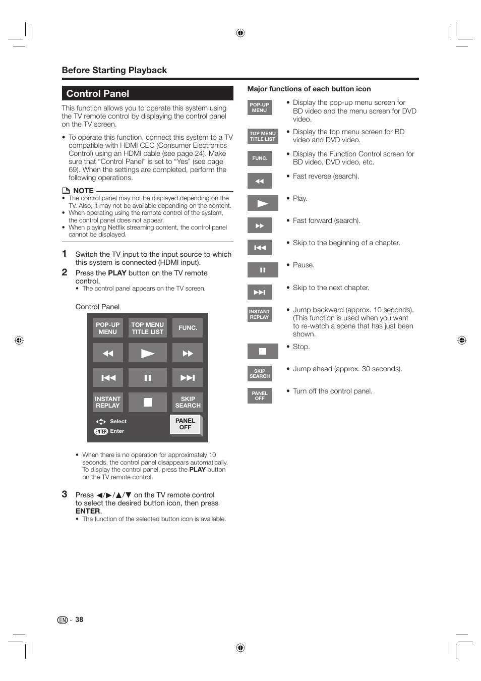 Control panel, Before starting playback | Sharp Aquos TINS-E595WJQZ User Manual | Page 40 / 95