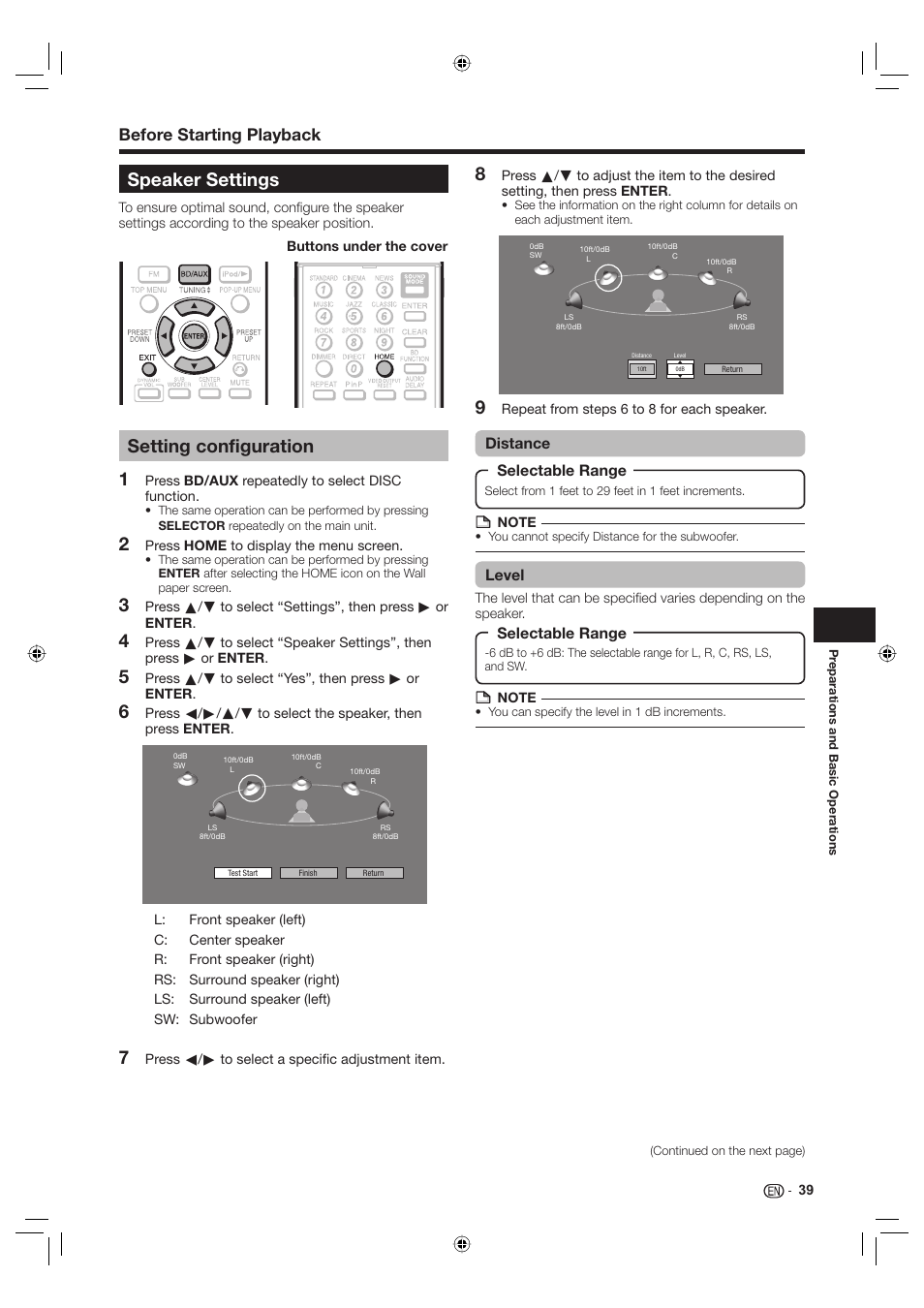 Speaker settings, Setting configuration, Before starting playback | Distance, Selectable range, Level | Sharp Aquos TINS-E595WJQZ User Manual | Page 41 / 95