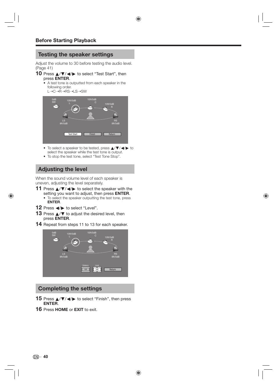 Testing the speaker settings, Adjusting the level, Completing the settings | Before starting playback | Sharp Aquos TINS-E595WJQZ User Manual | Page 42 / 95