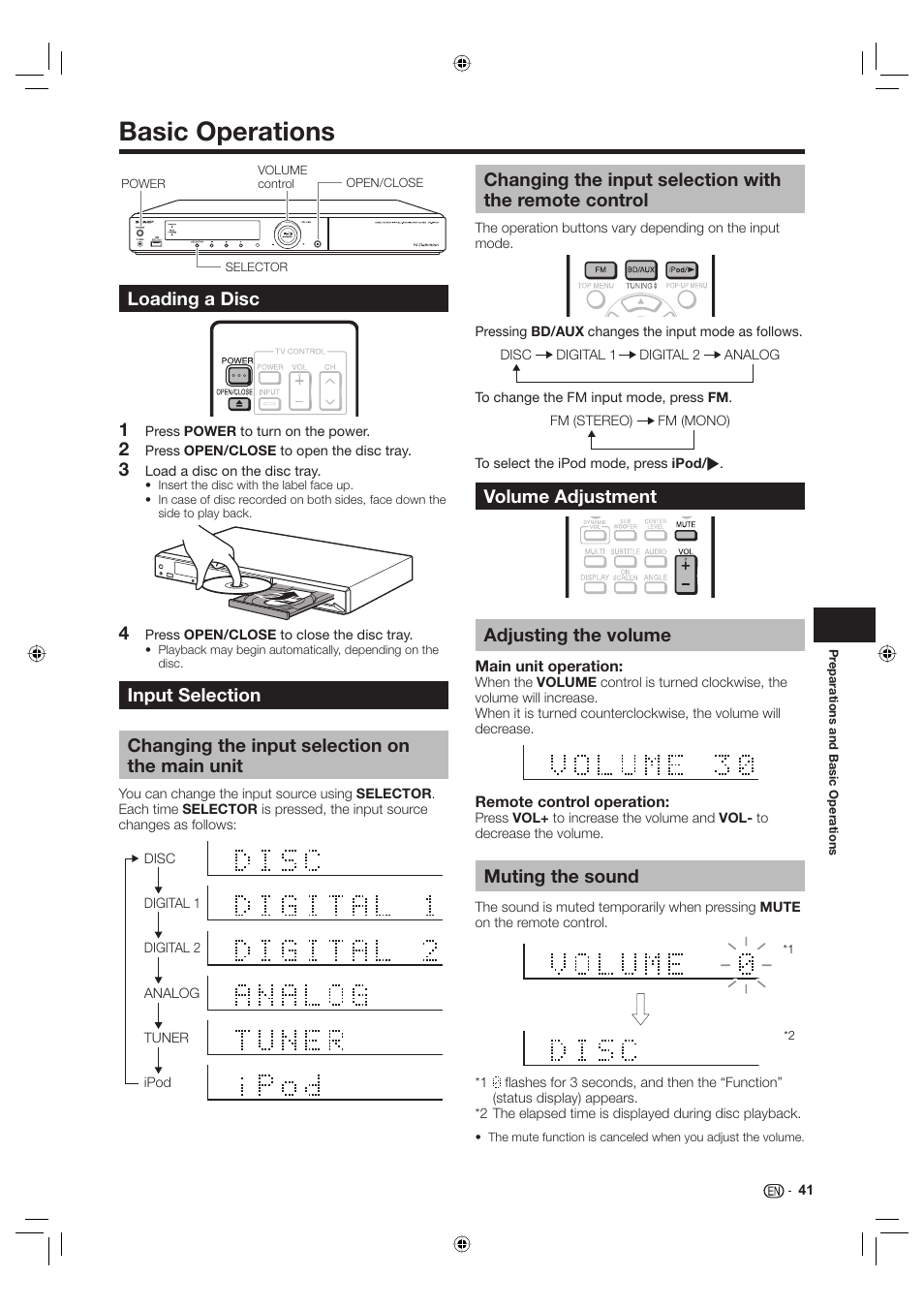 Basic operations, Loading a disc, Input selection | Changing the input selection on the main unit, Volume adjustment, Adjusting the volume, Muting the sound, Volume adjustment adjusting the volume | Sharp Aquos TINS-E595WJQZ User Manual | Page 43 / 95