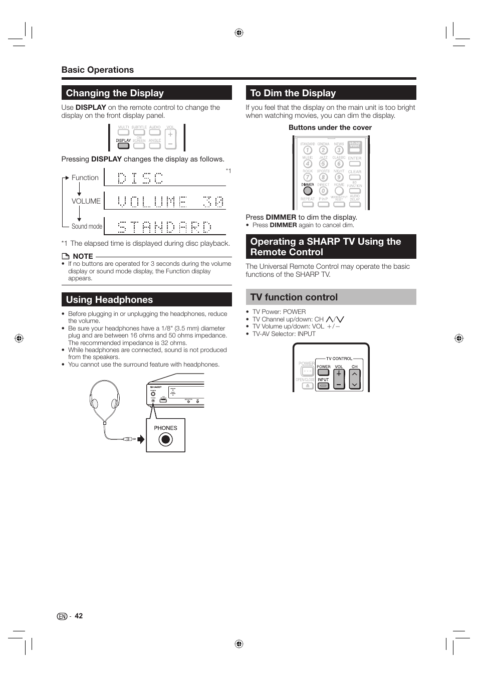 Changing the display, Using headphones, To dim the display | Operating a sharp tv using the remote control, Tv function control | Sharp Aquos TINS-E595WJQZ User Manual | Page 44 / 95