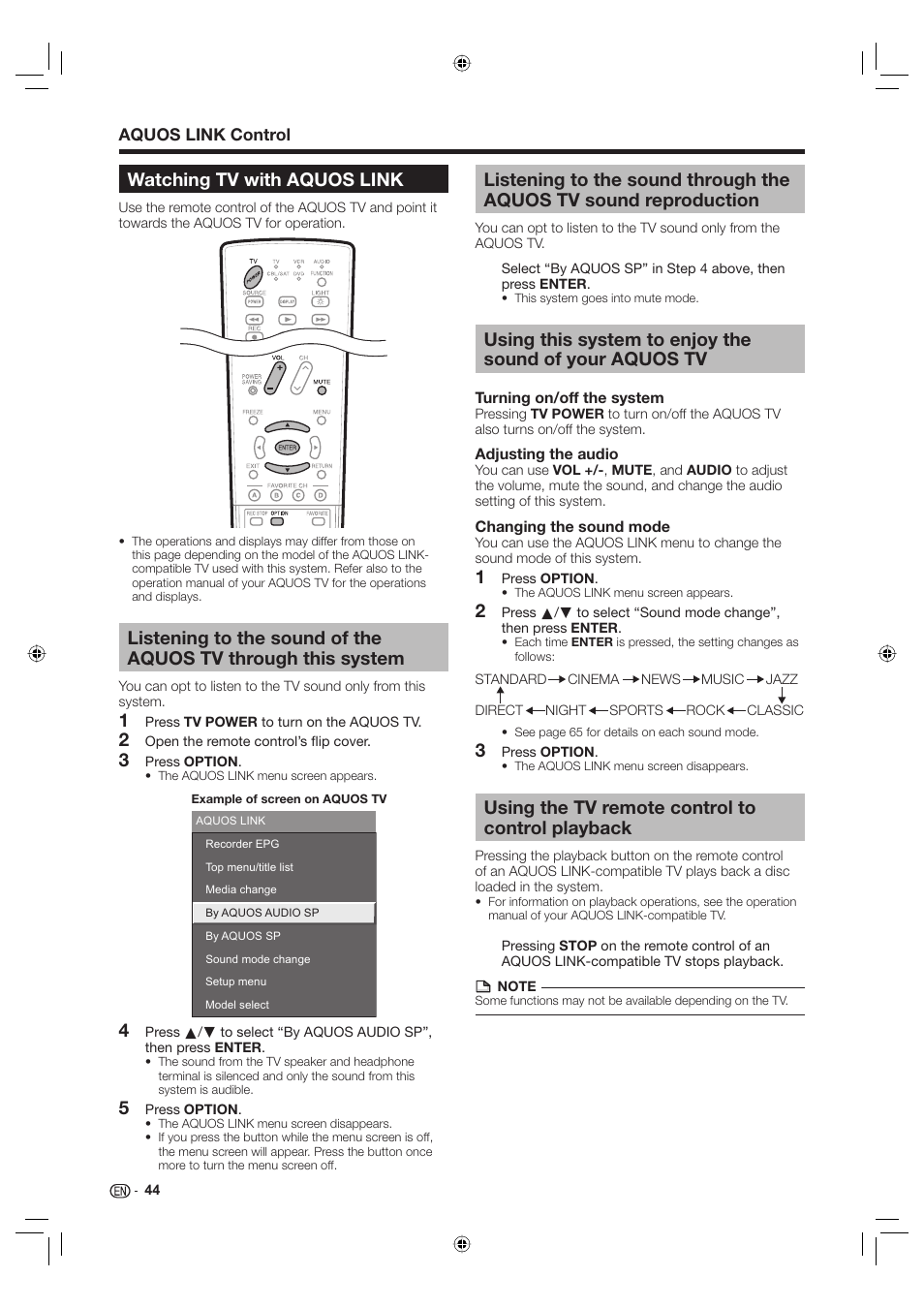 Watching tv with aquos link, Using the tv remote control to control playback | Sharp Aquos TINS-E595WJQZ User Manual | Page 46 / 95