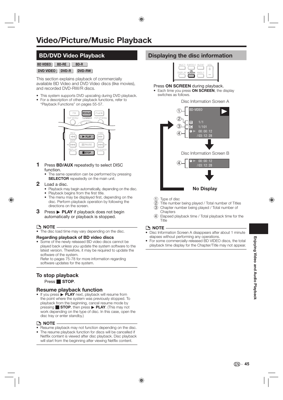 Enjoying video and audio playback, Video/picture/music playback, Bd/dvd video playback | Displaying the disc information, Resume playback function | Sharp Aquos TINS-E595WJQZ User Manual | Page 47 / 95