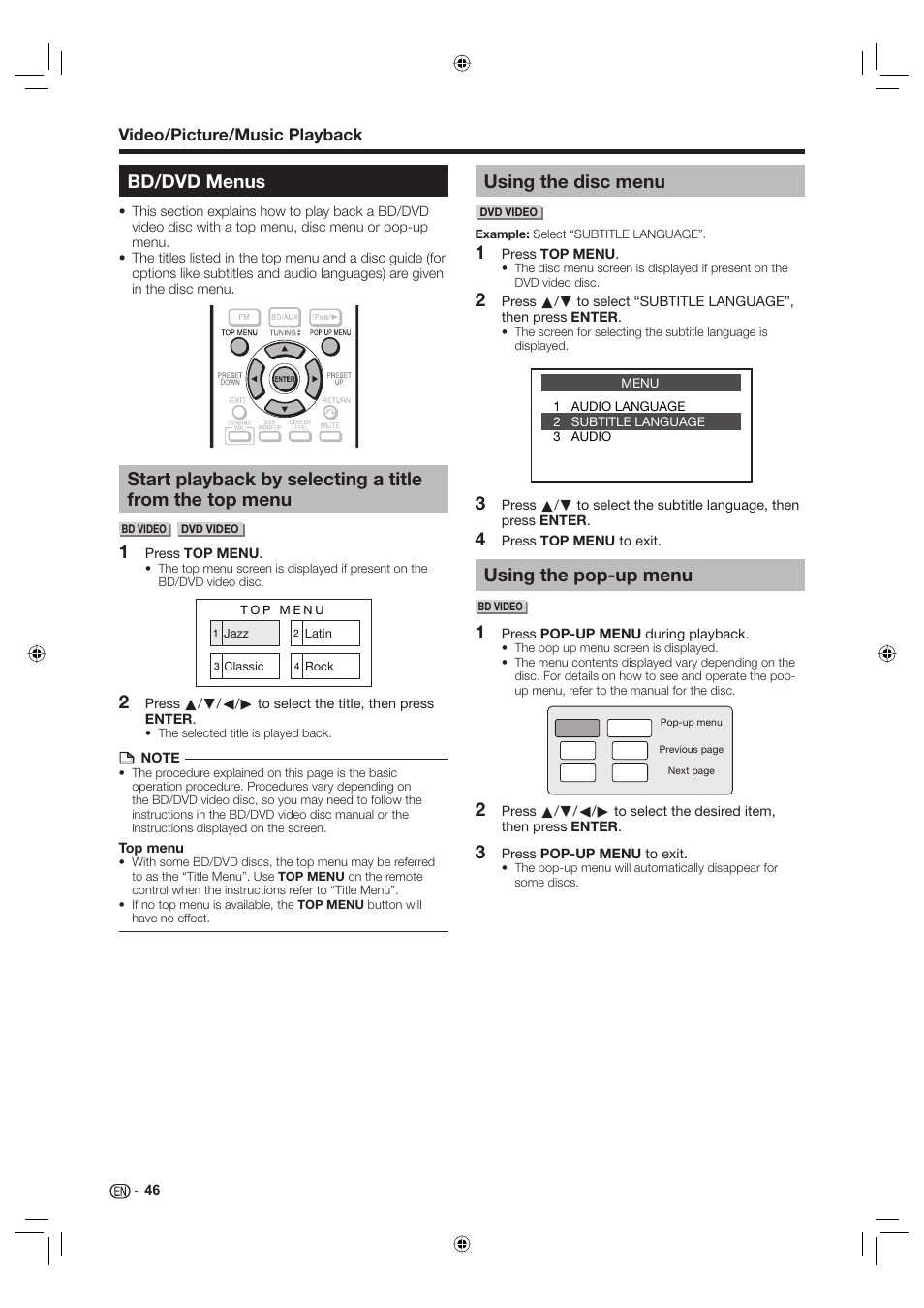 Bd/dvd menus, Using the disc menu, Using the pop-up menu | Sharp Aquos TINS-E595WJQZ User Manual | Page 48 / 95