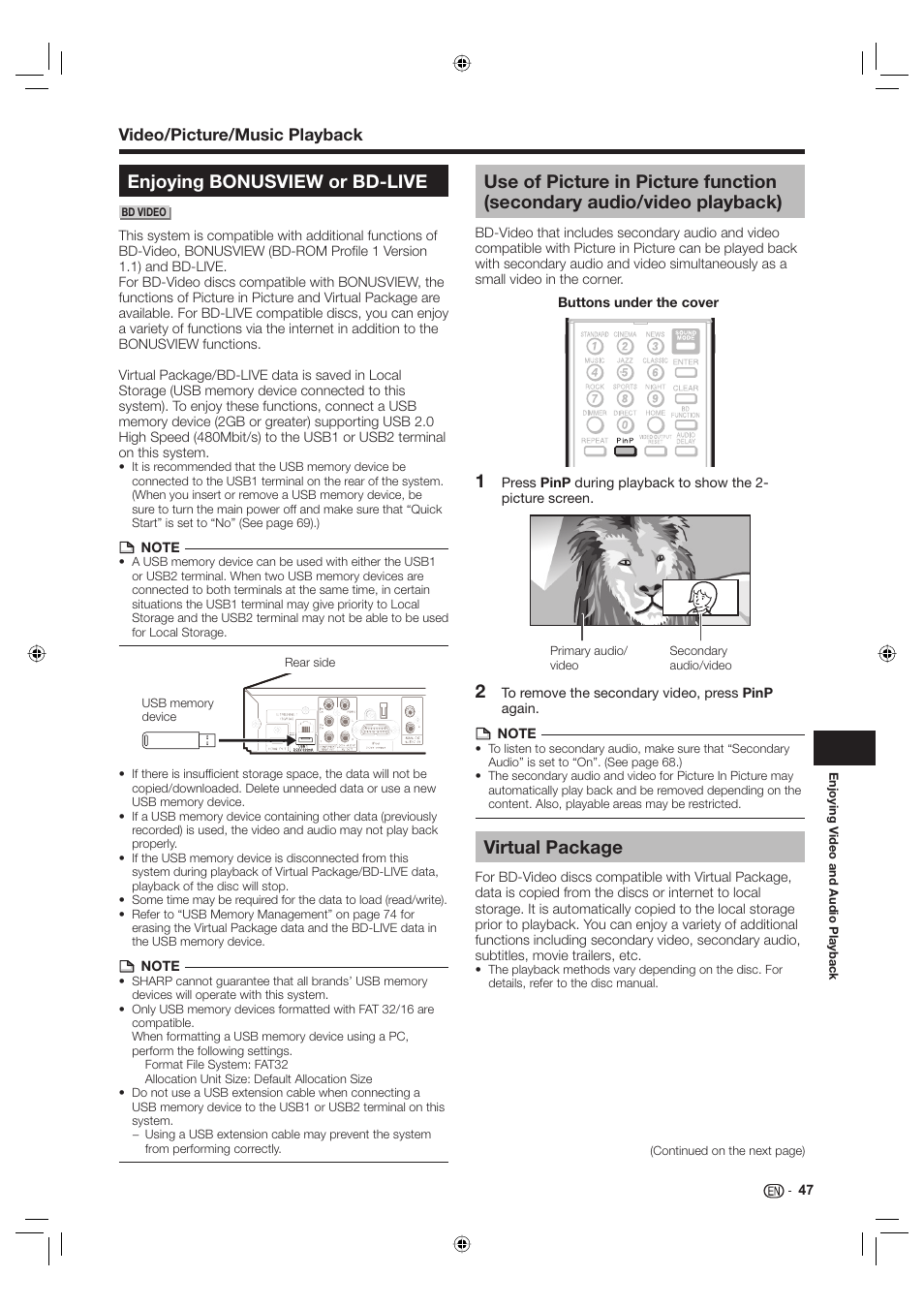 Enjoying bonusview or bd-live, Virtual package, Video/picture/music playback | Sharp Aquos TINS-E595WJQZ User Manual | Page 49 / 95